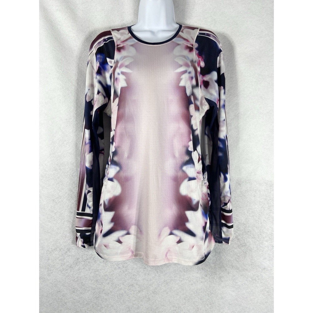 Lucky In Love Top Women's Large White Pink Long Sleeve Floral Ruched Athleisure